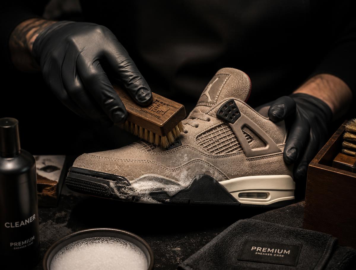 Suede sneaker being hand-brushed